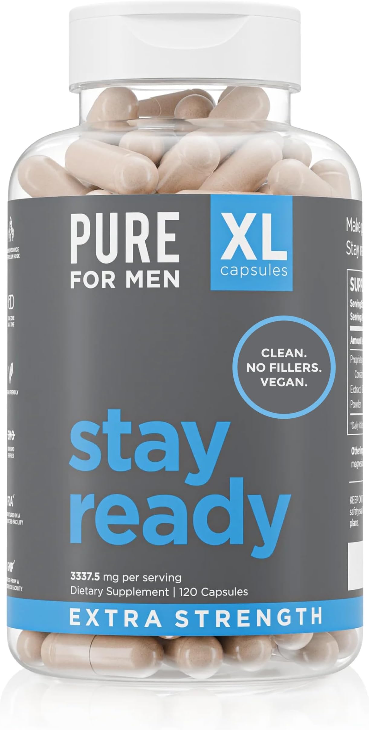 Pure for Men Stay Ready Fiber Extra Strength Supplement | Digestive Regularity | Bowel Movement & Gut Health Support | Vegan Cleanliness | Proprietary Formula | 120 Vegan XL Capsules
