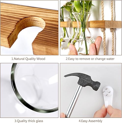 Miniatura 3 de ohohFLOWER Estación de propagación de plantas de 3 niveles, terrario para colgar en la pared con soporte de madera, florero de 9 lágrimas para