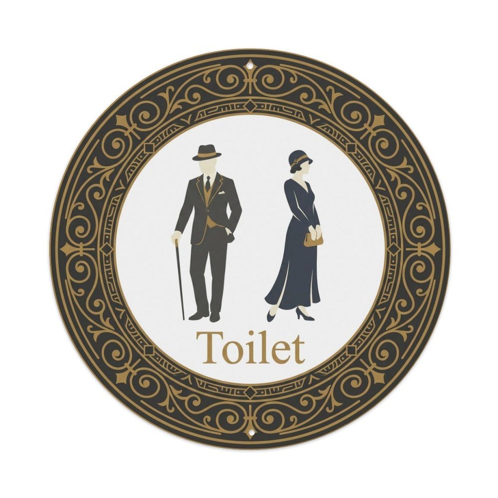 Olhnbad Style Ivory Black Ornate Circle Toilet Restroom Notice Metal Tin Sign