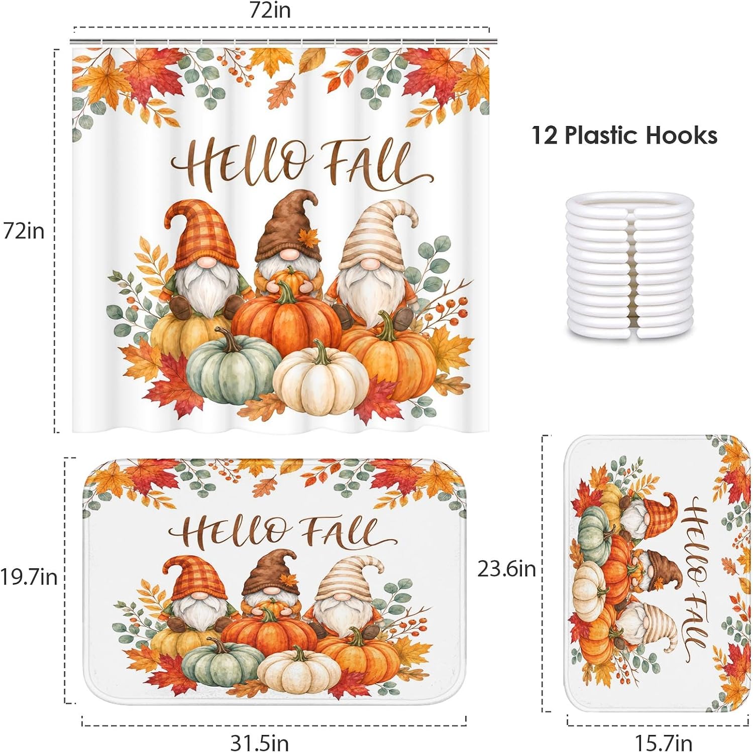 Arttown Fall Bathroom Set, Shower Curtain and Bath Rugs Gnome image 4