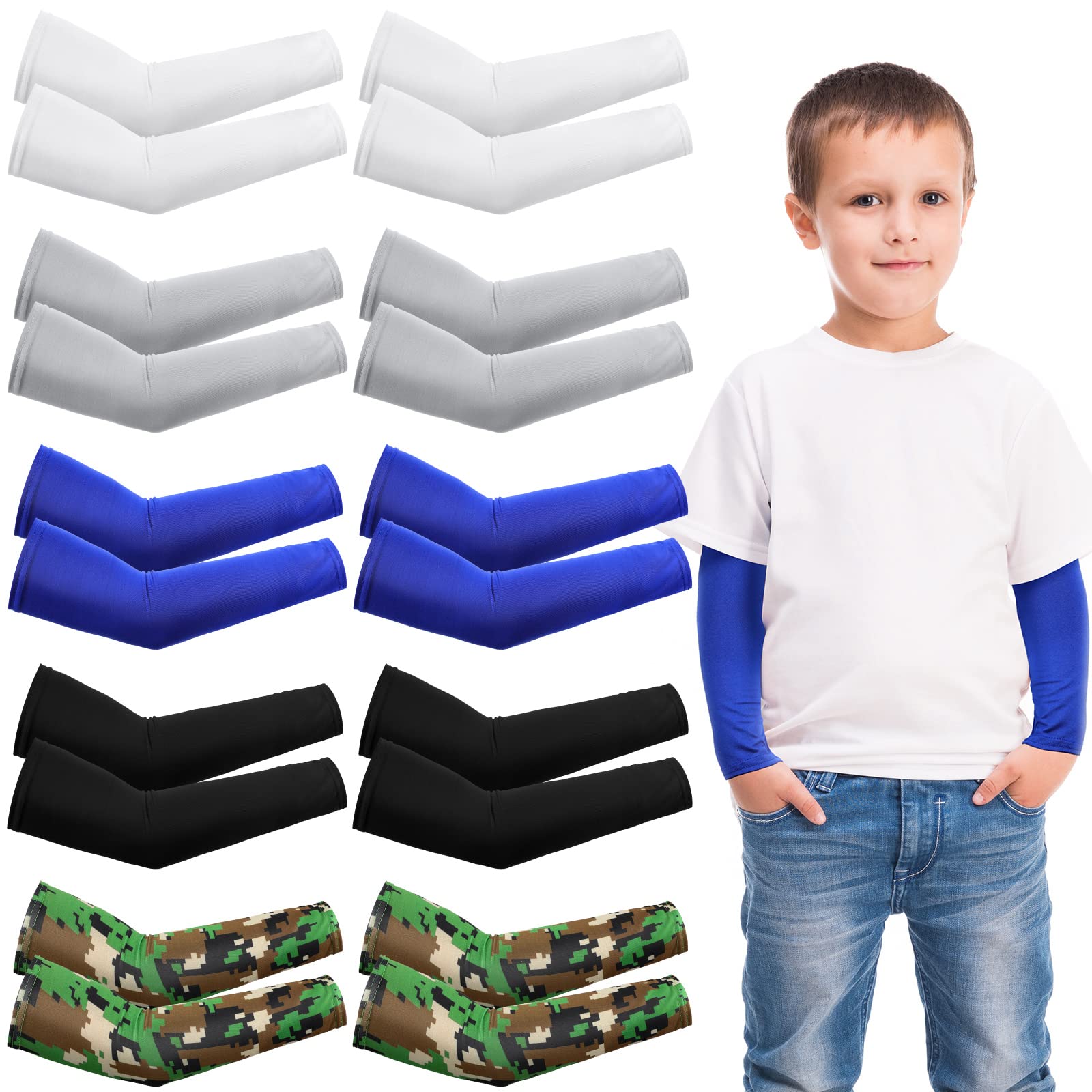 Xuhal 10 Pairs Kids Arm Sleeves for Youth Boys Girls 8-14 Years Compression UV Sun Protection Cooling Sleeves