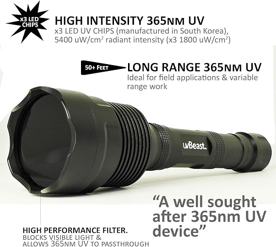 uvBeast V3 365nm Black Light UV Flashlight High Definition Ultraviolet - HIgh Power and Long Range Professional Grade Beam Best for Professional/Commercial Use USA Stock