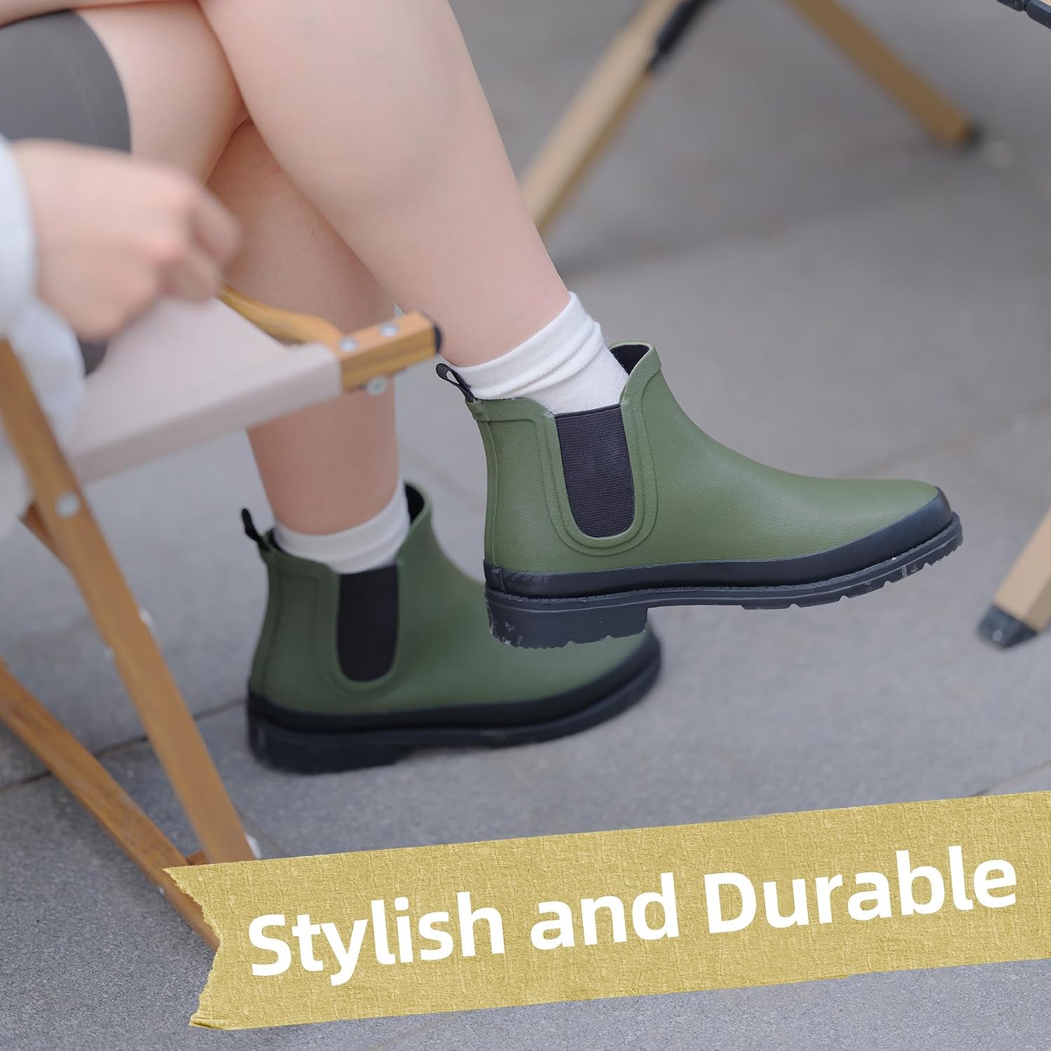 Women's Rain Boots - 100% Waterproof Natural Rubber Chelsea Ankle Booties with Arch Support & Memory Foam, Slip On Shoes for Gardening & Commute