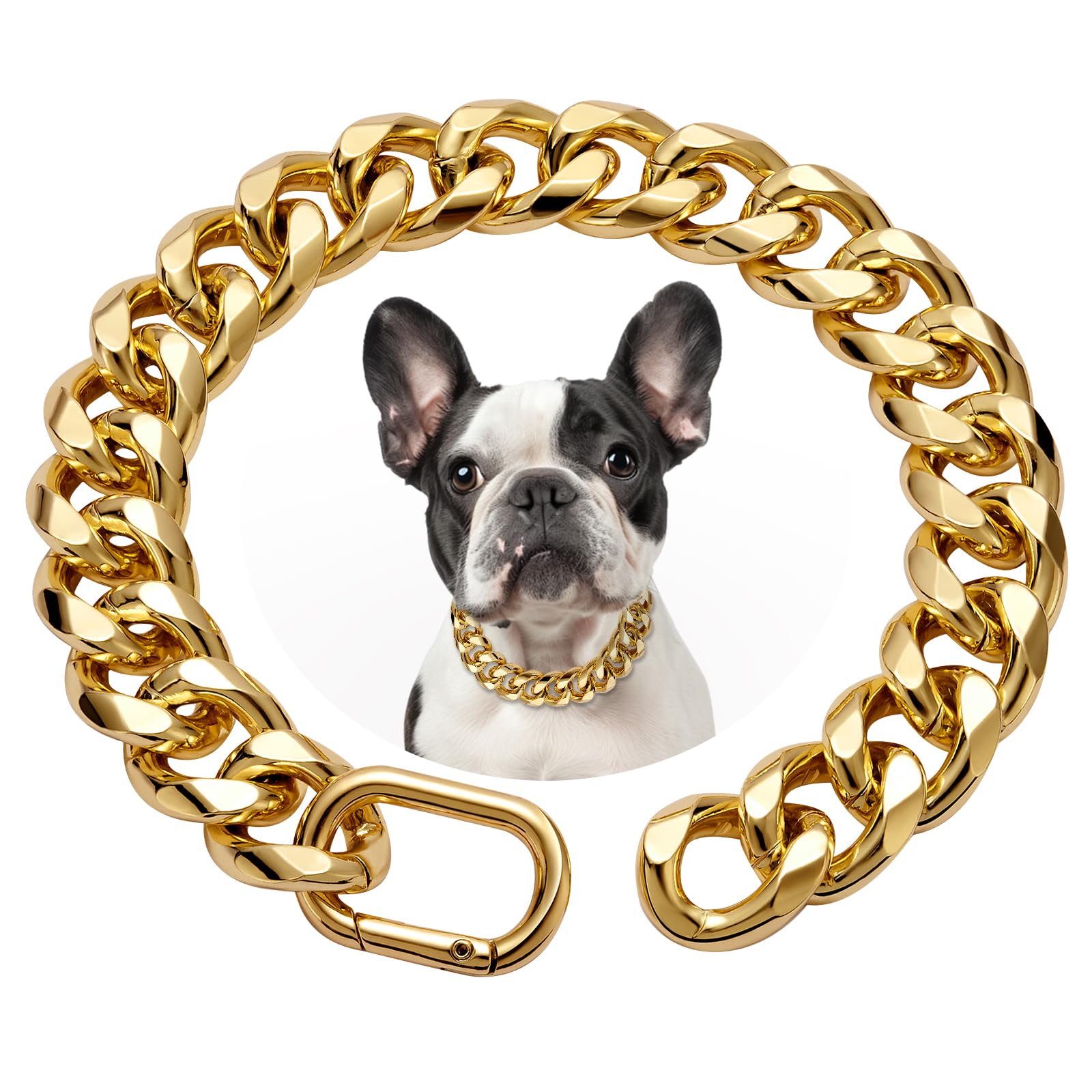 WOOFUU 19MM Heavy Duty Thick Cuban Link Dog Collar,Gold Dog Chain Collar for Small Dogs - 10 Inches Length Dog Necklace Collar