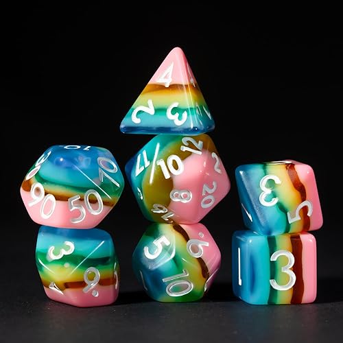 Miniatura 2 de Huong Juego de dados de resina de 7 piezas Galaxy D&D, juego de dados polihedarl DND para juegos de rol de Calabozos y Dragones (arcoíris)