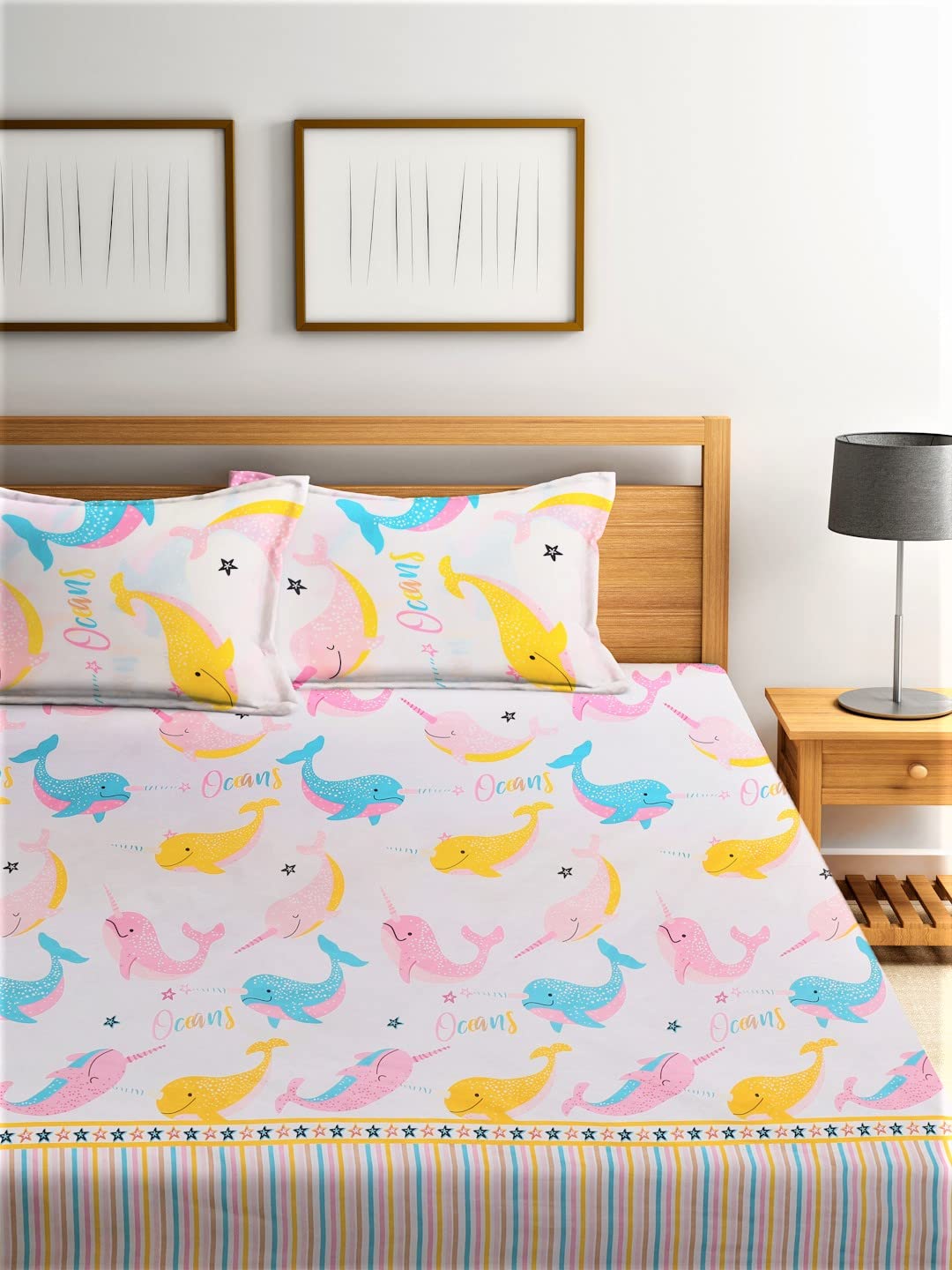Home Sizzler 144 TC Kid's Microfibre Kid's Dolphin Pink Double Bedsheet with 2 King Size Pillow Covers offers donot miss