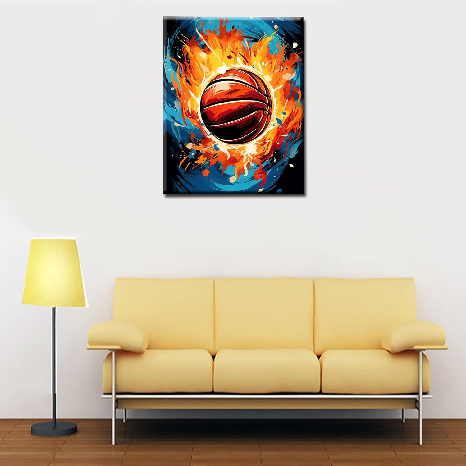 Basketball on Red FirePaint by Bumbers for Adults Beginner Graffitic Ball Sports DIY Paintworks Acrylic Paint Canvas Girls Bedroom Home Decor Pop Art Painting Kits Art 16x20 Inch Gift（DIY Frame ）