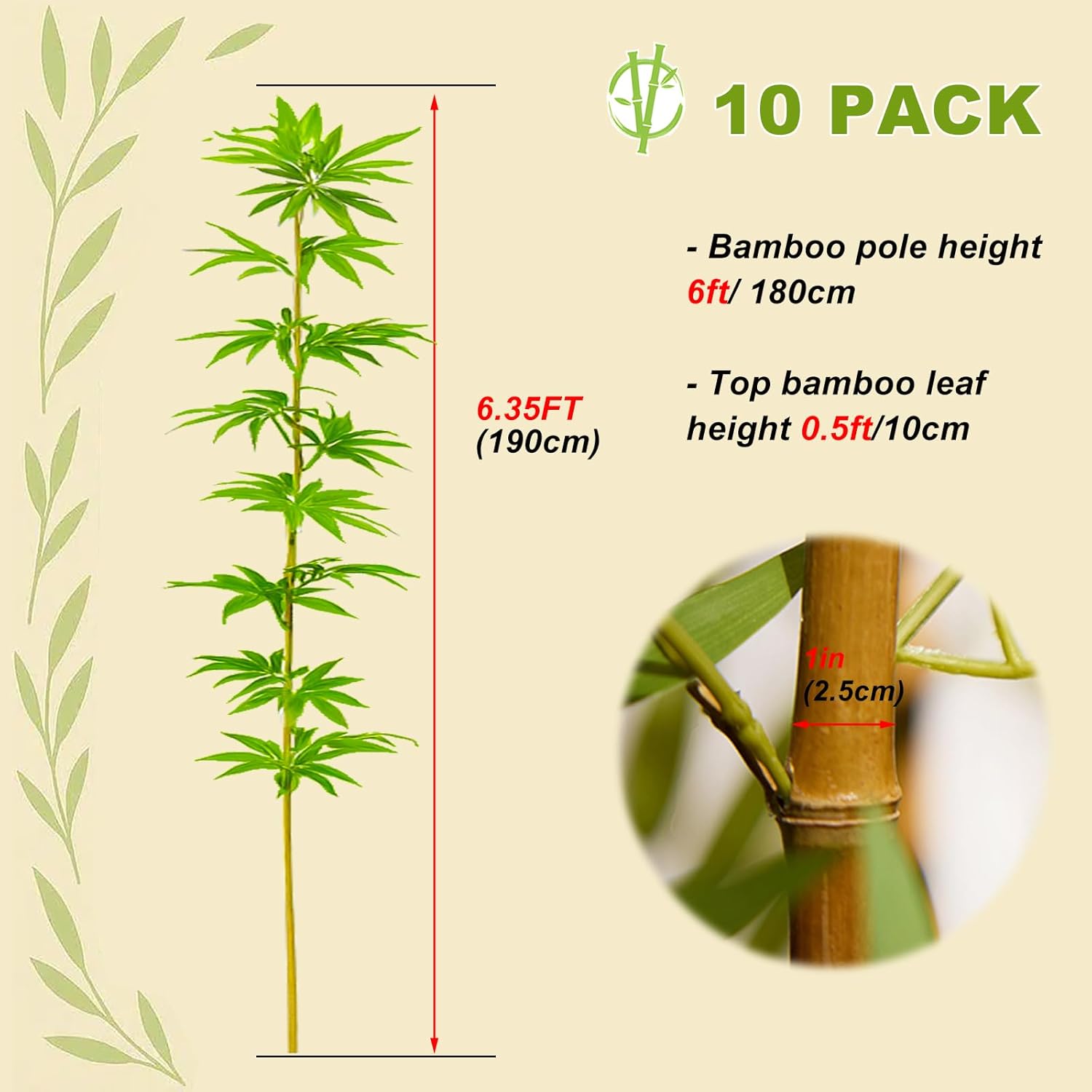 HOUSESET 4/5/6/7 ft Faux Bamboo Plant Outdoor 10 Pack, Fake Bamboo with Encrypted Leaves for Patio Garden Yard Decor, Privacy Artificial Bambooo Tree (6ft / 183cm) - Image 2