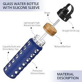 MUKOKO 24oz Glass Water Bottle with 2 Lids-Handle Flip Lid&Bamboo Straw Lid,Motivational Water Tumbler with Time Marker Reminder and Silicone Sleeve, Leakproof-Blue