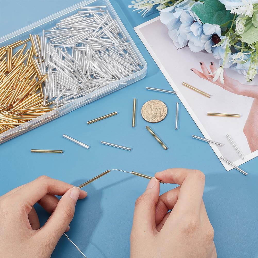 PandaHall 400pcs Bugle Beads, 31-34mm Glass, Tube Seed Beads for Fringe Earrings, Bracelets, Necklaces, Jewelry Crafts, Golden/Silver - Image 3