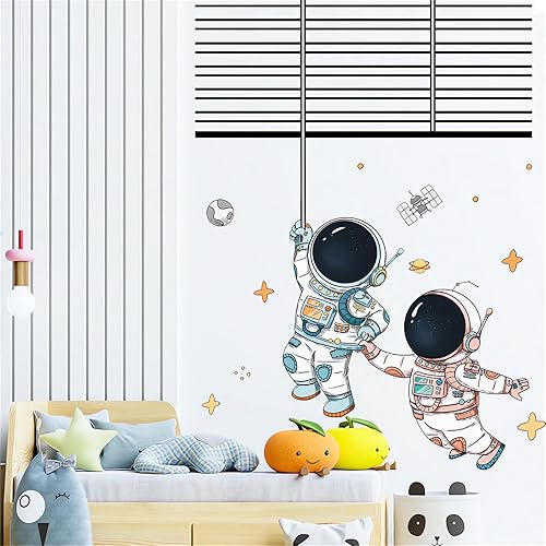 Miniatura 3 de Calcomanías de pared de vuelo de astronauta espacial, sacinora lindos amantes creativos, calcomanías de pared cósmicas, vinilo extraíble para niños,