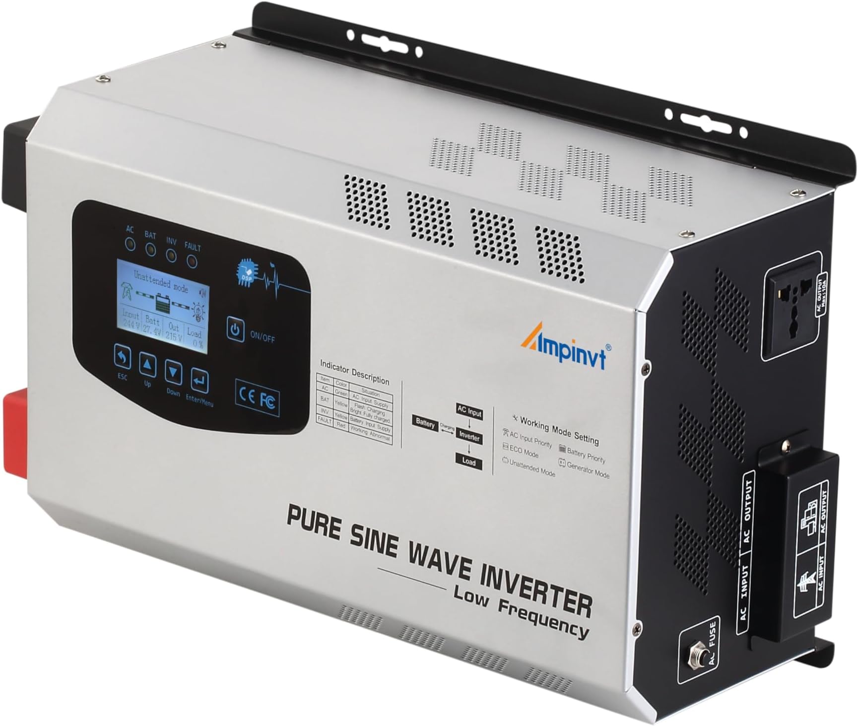 Ampinvt 2000W Peak 6000W Pure Sine Wave Power Inverter Charger DC 12V to 120V AC Output Converter with LCD Display, Off Grid Low-Frequency Inverter for Sealed Gel AGM Flooded Lithium Battery Charger