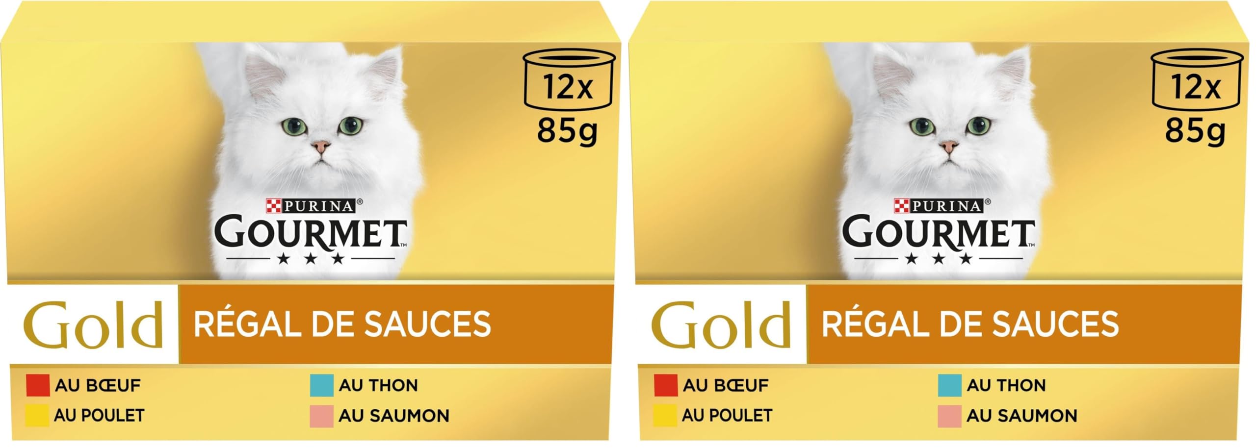 GOURMET Gold, Regal de Salsas, Caja, Gato, Carne de Res, Pollo, salmón, atún, 12 x 85 g (Paquete de 2)