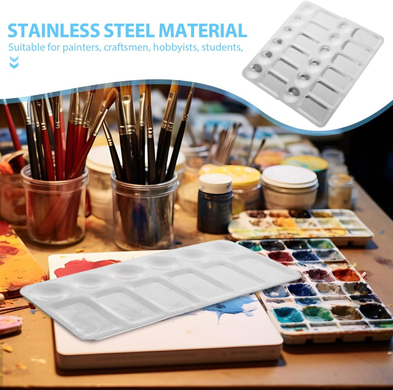 NUOBESTY 2 Pcs Stainless Steel Color Mixing Plates 9.05 X 4.33 Inch Pigment Palette Tool Metal Paint Dish for Watercolor Acrylic Drawing Trays Art Supplies