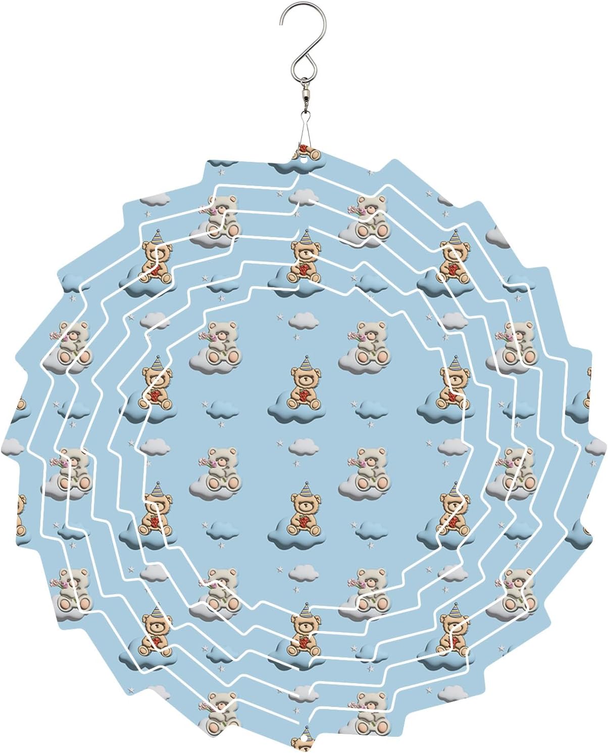 Blue White Clouds Wind Spinner 3D Stainless Steel, 12 in Sun Shape Double Sided Hanging Wind Spinners, Flower Hat Cartoon Bear Garden Art Wind Sculpture for Yard Porch Front Door