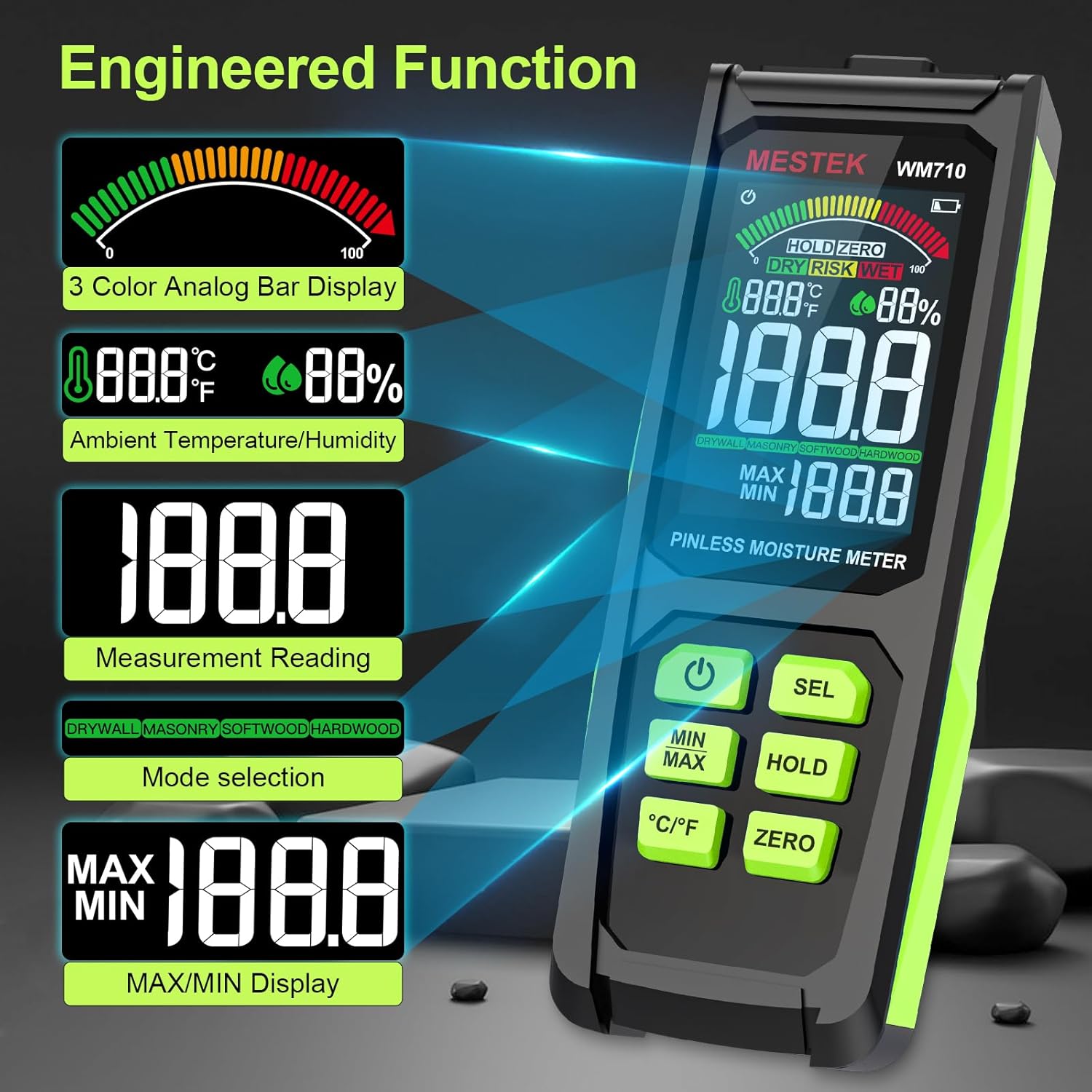 MESTEK WM710-001 display showing non-invasive detection and mode selection