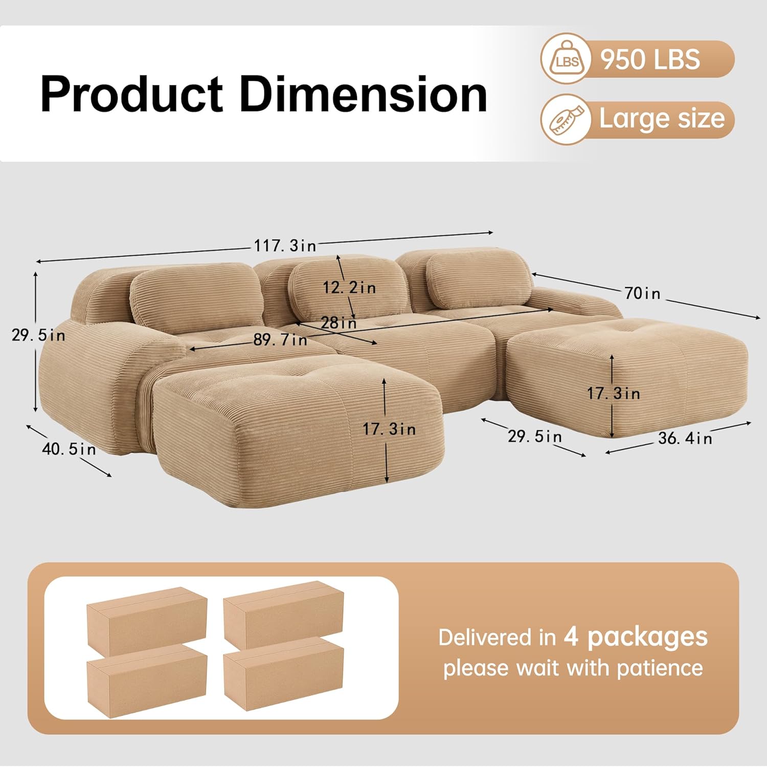 117.3" U-Shaped Cloud Couch Modular Sectional Sofa - Boneless Deep Seat 3-Seater with 2 Movable Ottomans, No Assembly, Corduroy Upholstery Couches for Living Room (Camel) Camel 117.3in-U-Shape