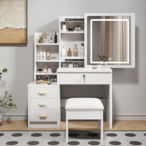 Escritorio de maquillaje, mesa de tocador, tocador de maquillaje con espejo con múltiples cajones 4, escritorio de maquillaje con luces, 3 modos de