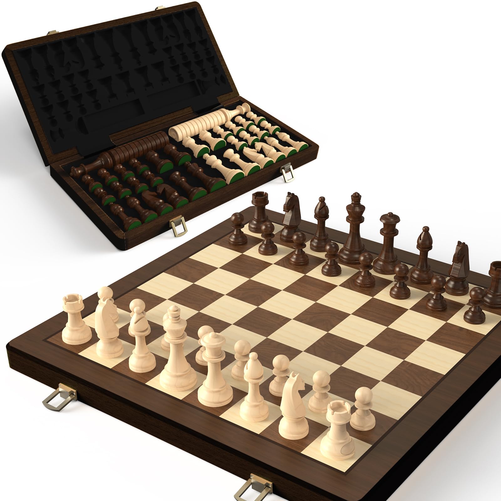15" Wooden Folding Chess & Checkers Set - 2 in 1 Board Game with 3" King Staunton Pieces and 2 Extra Ladies (Vintage)
