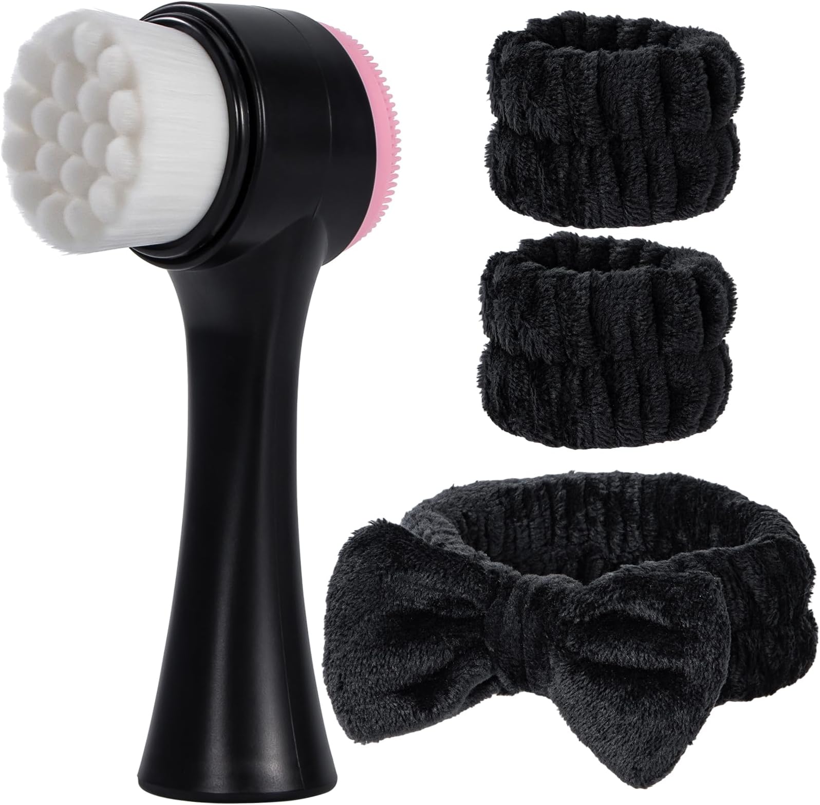 Facial Cleansing Brush 2 in 1, Silicone Face Scrubber Dual Face Brush for Deep Pore Cleansing and Exfoliating, Skincare Headband and Wristbands Set for Washing Face, Massaging Spa Makeup,Black