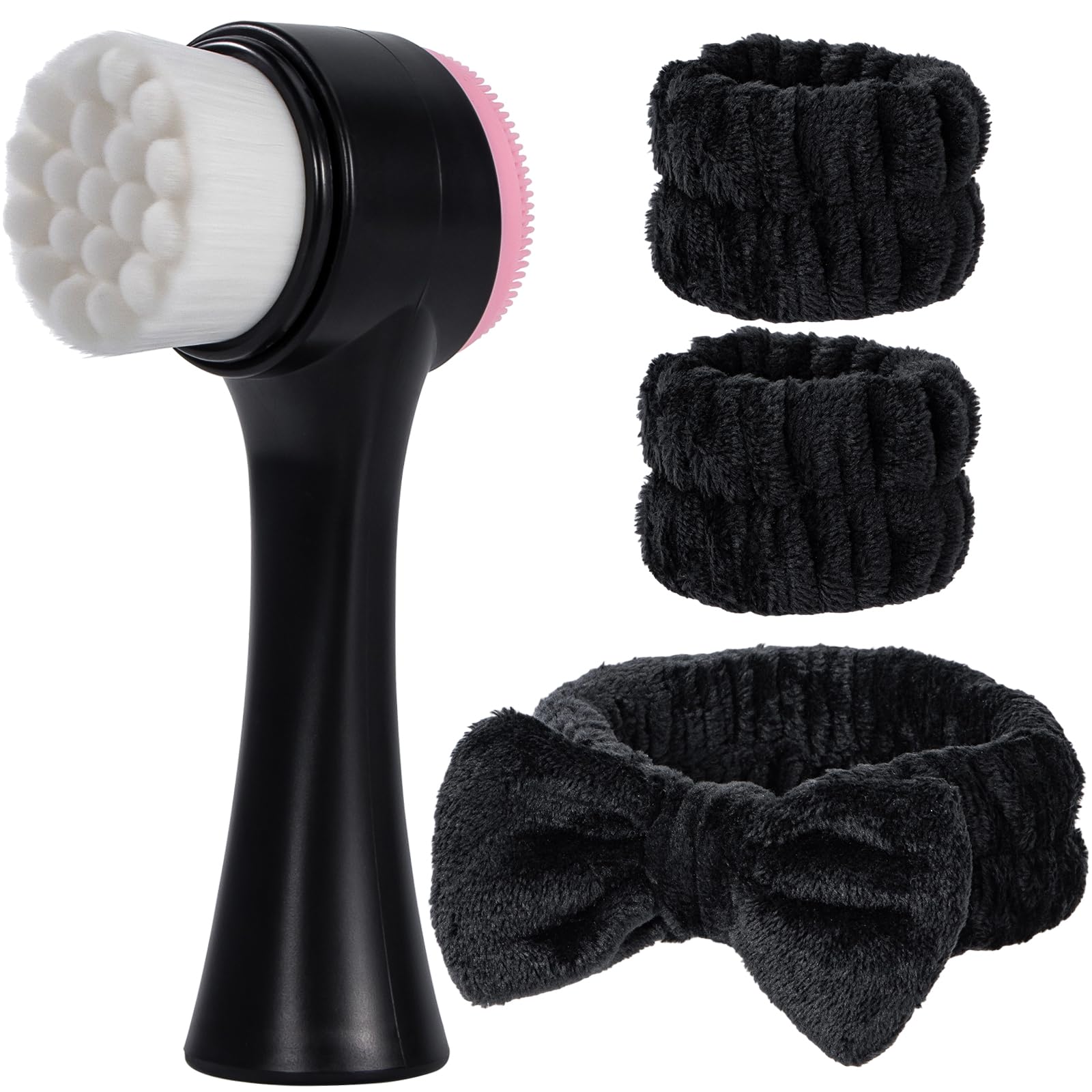 Facial Cleansing Brush 2 in 1, Silicone Face Scrubber Dual Face Brush for Deep Pore Cleansing and Exfoliating, Skincare Headband and Wristbands Set for Washing Face, Massaging Spa Makeup,Black