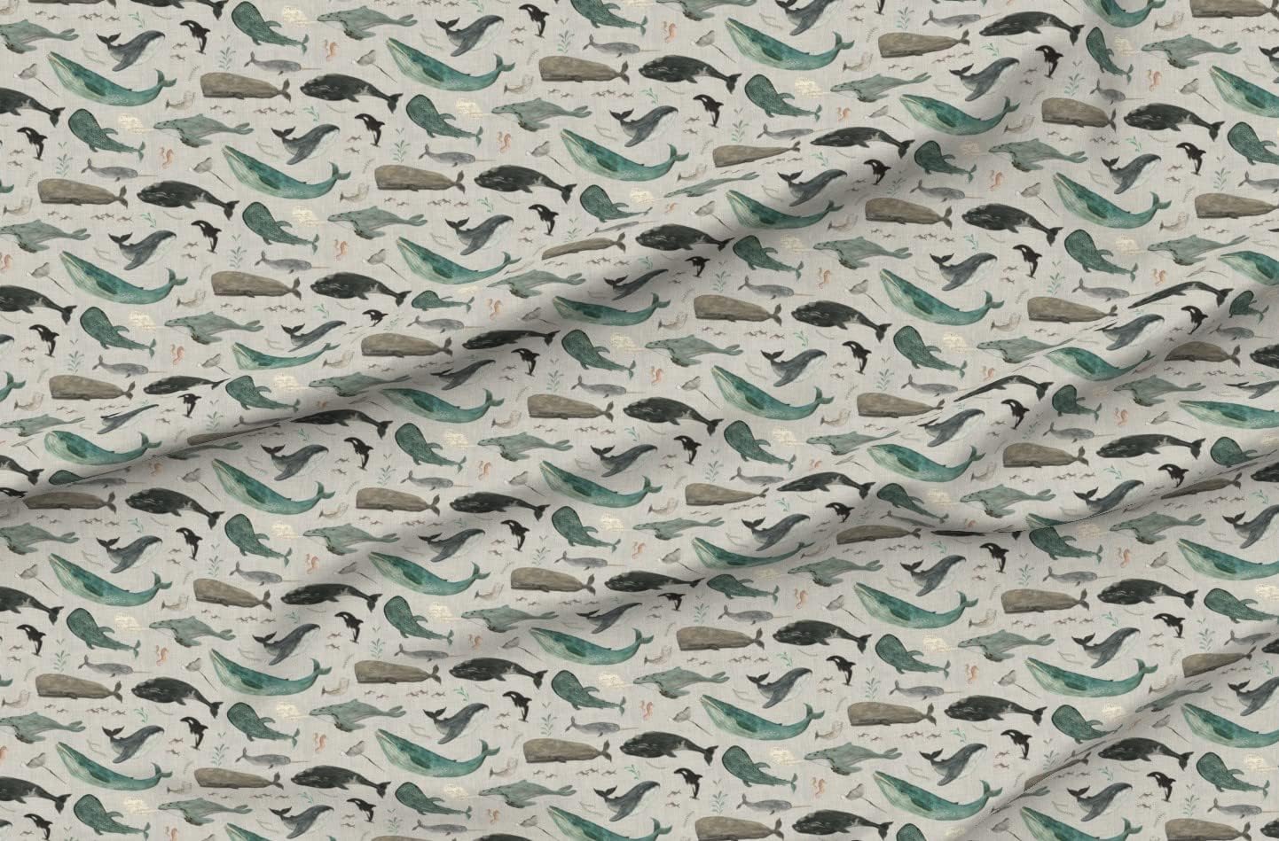 Spoonflower Fabric - Sage Green Whale Watercolor Nautical Coastal Sea Life Ocean Animals Printed on Upholstery Velvet Fabric Fat Quarter - Upholstery Home Decor Bottomweight Apparel