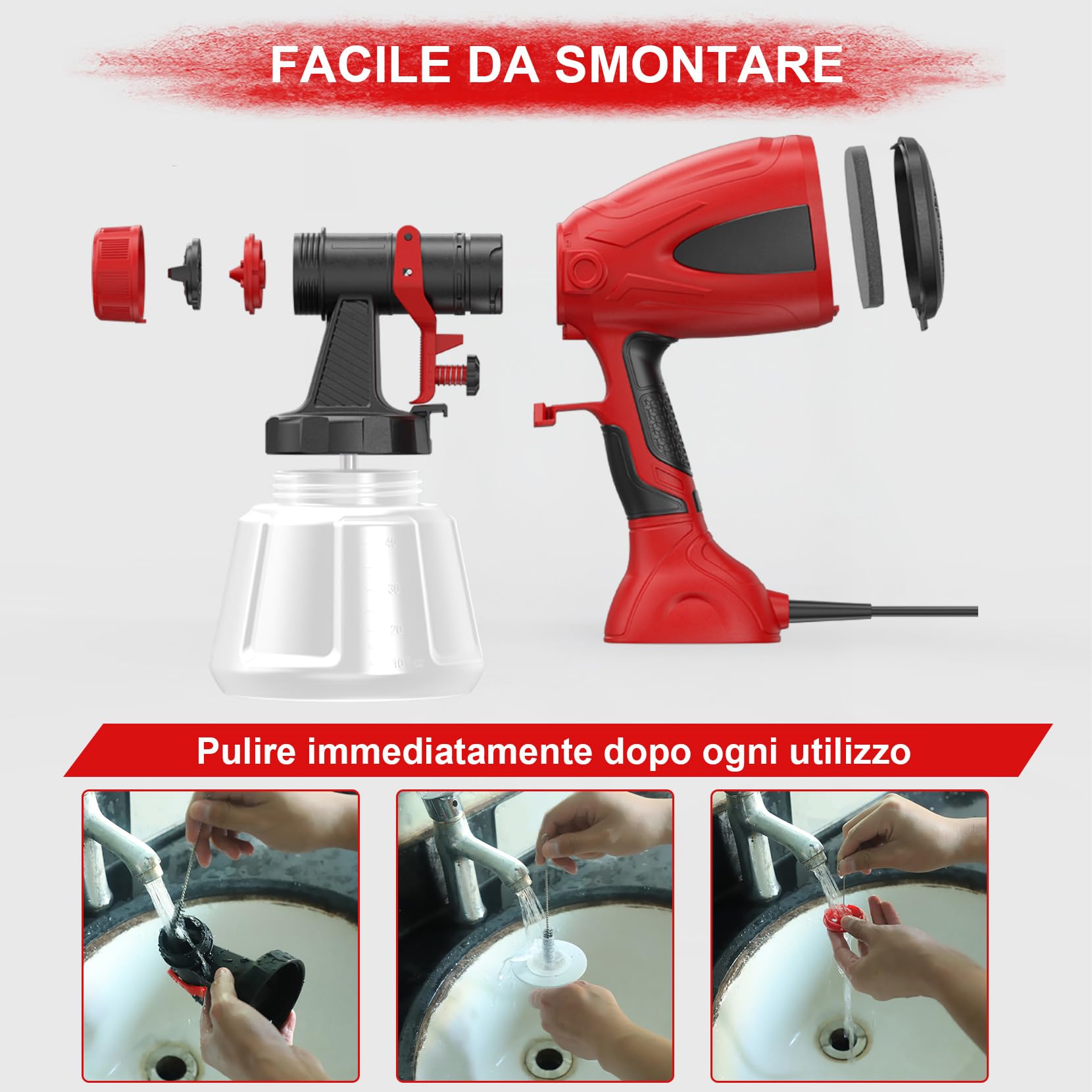 Pistola per Verniciare, 650W Spruzzatore Vernice, Pistola a Spruzzo per Verniciare Contenitore da 1200ml, Pistola Vernice a Spruzzo con 4 Ugelli&3 Modalità, Spruzzatore Vernice per Muri, Mobilia, DIY