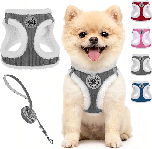 BEAUTYZOO Plush Dog Harness for Small Dogs, No Pull Dog Harness and Leash Set, S