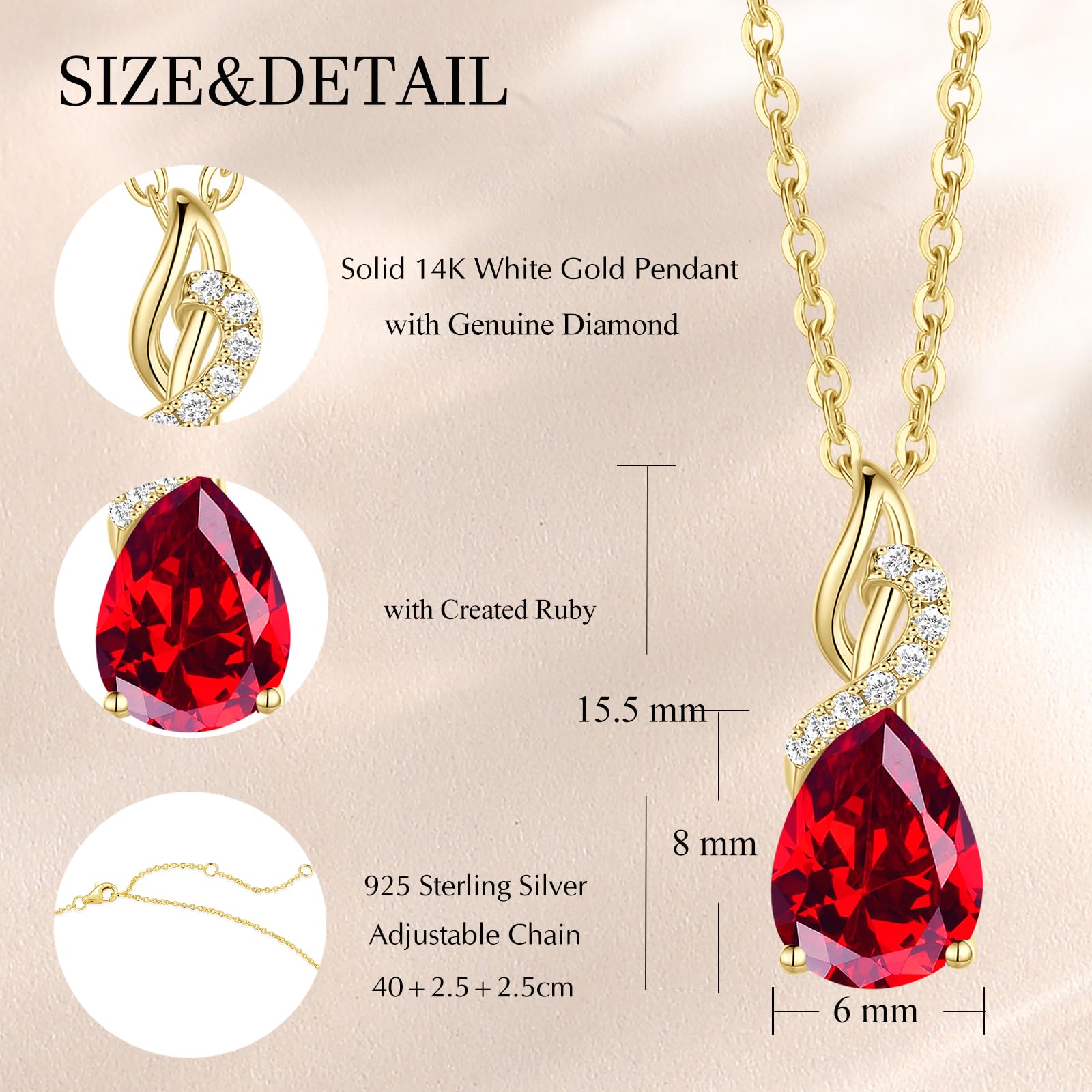 FANCIME Solide 14 Karat 585 Weiß Gold Tropfen Anhänger mit 925 Sterling Silber Kette Halskette mit Edelstein und Diamant Schmuck für Damen mit Geschenk Box - Kettenlänge: 40 + 5 cm