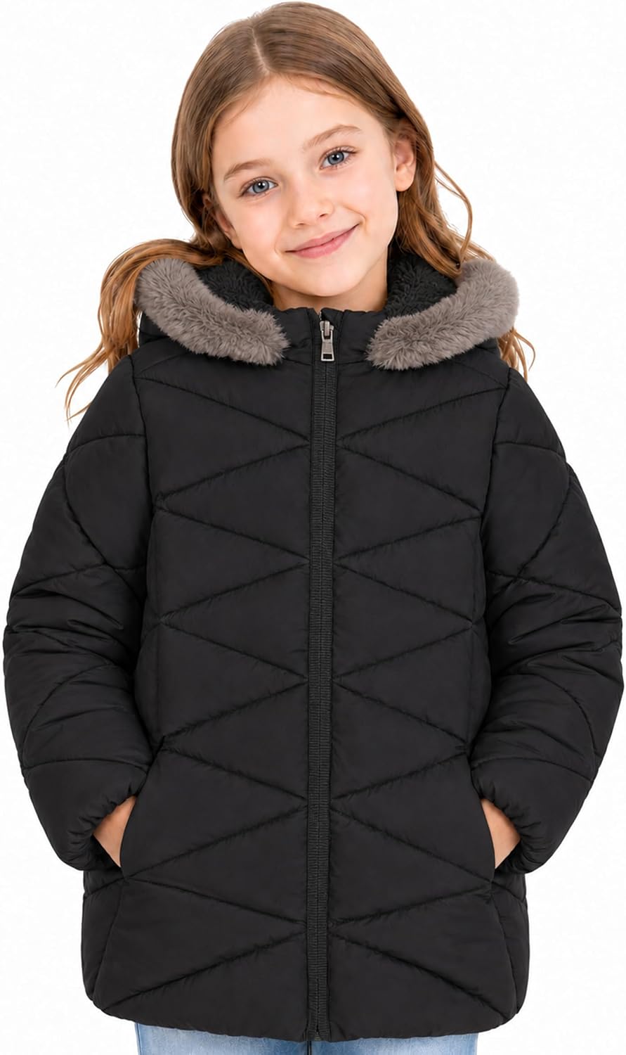SOLOCOTE Girls‘ Winter Puffer Coat with Sherpa Lined Faux Fur Hood Jacket