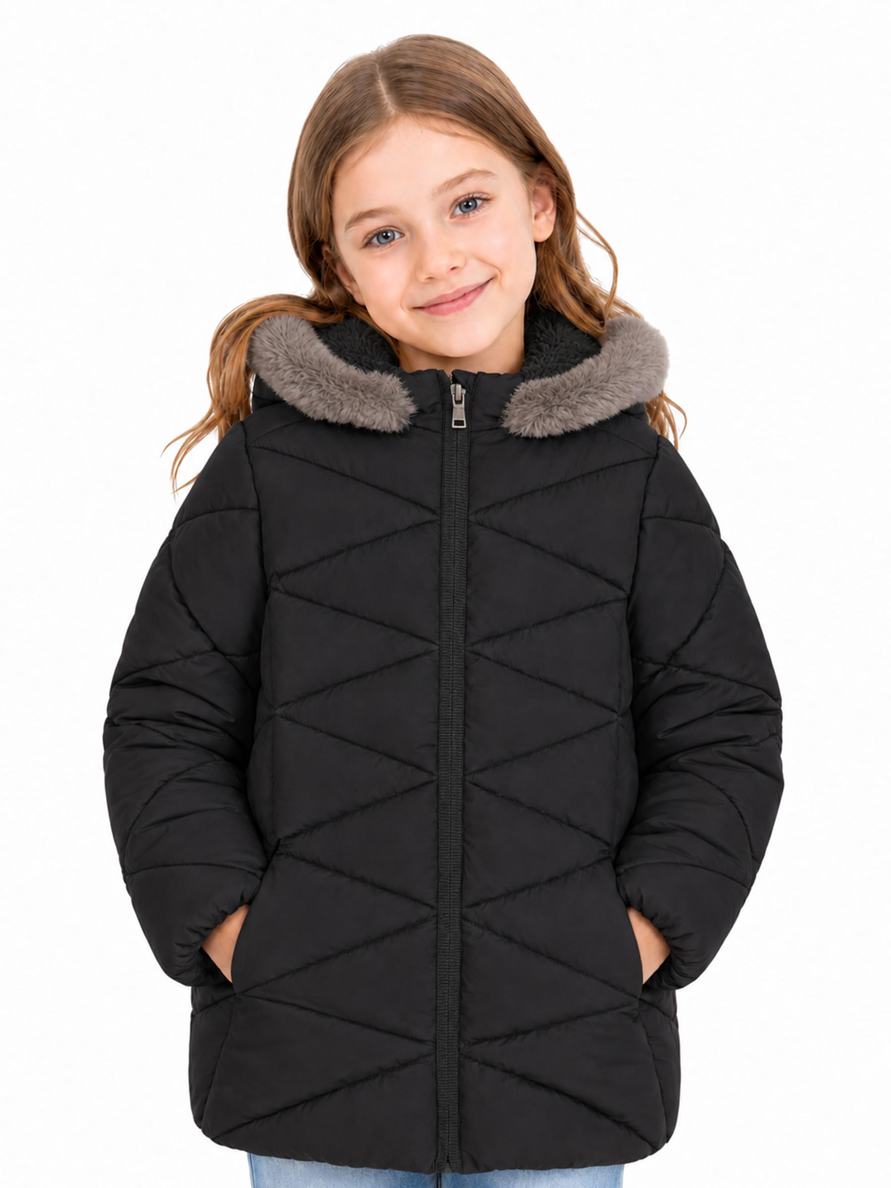 SOLOCOTE Girls‘ Winter Puffer Coat with Sherpa Lined Faux Fur Hood Jacket