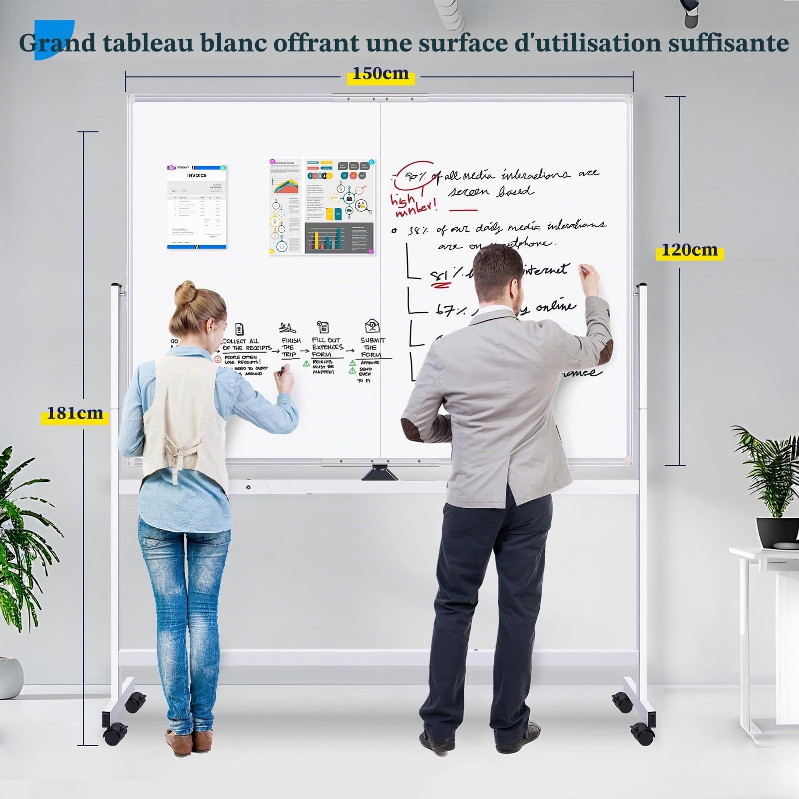 maxtek Tableau Blanc Mobile 150 x 120 cm, Grand Tableau Blanc Magnétique avec Supports, Double Face Effaçable à Sec, Cadre en Aluminium pour l'école à Domicile, le Bureau à Domicile, le Bureau