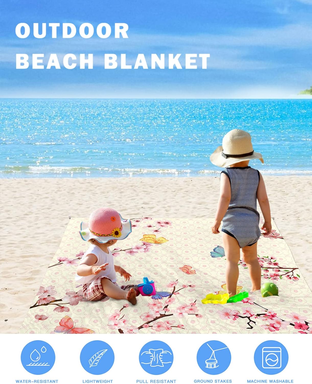 Watercolor Farm Animals Butterfly Floral Beach Blanket Waterproof Sandproof Outdoor Picnic Mat 118"x108" Blossoms Flower Branches Lightweight Large Beaach Blankets with 4 Stake & 4 Corner Pockets
