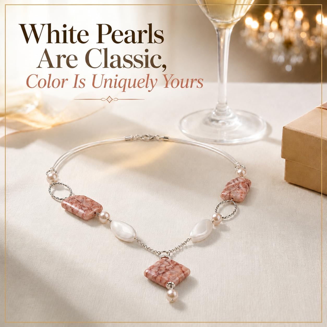 24" Freshwater Pearl Necklace for Women- Elegant with 9-10mm Round White Pearl & Agate Long Adjustable Real Strand with Vintage Beaded Charms, Silver Clasp