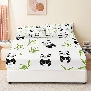 Dra-på-lakan queen size söt panda bambu, vita dra-på-lakan med djup ficka 30 cm, mikrofiber mjuk komfort sängkläder set innehåller 2 örngott för barn pojkar flickor vuxna