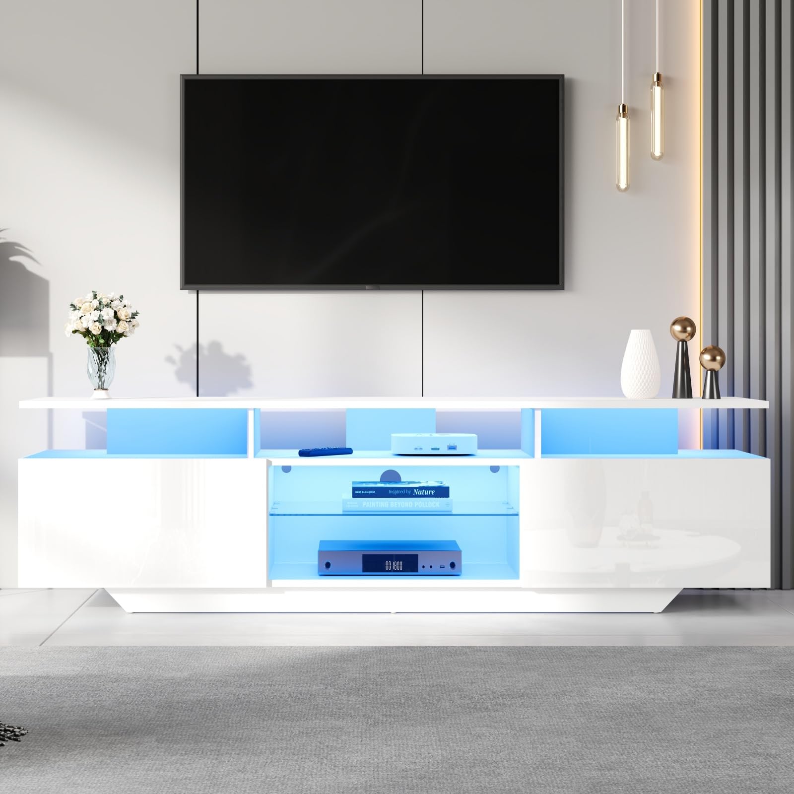 160cm Meuble TV Brillante LED 16 Couleurs et Rangement pour TV 70"