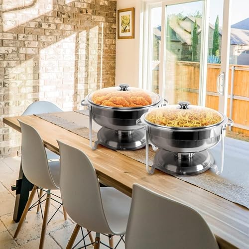 Miniatura 9 de Juego de 2 platos para bufé, platos redondos de acero inoxidable de 4 cuartos de galón para bufé, calentadores de alimentos con tapa de vidrio y