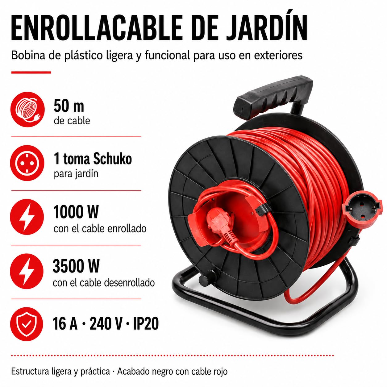 Silver Electronics Enrollacables Jardín IP20 50m 3x1,5mm Negro-Rojo
