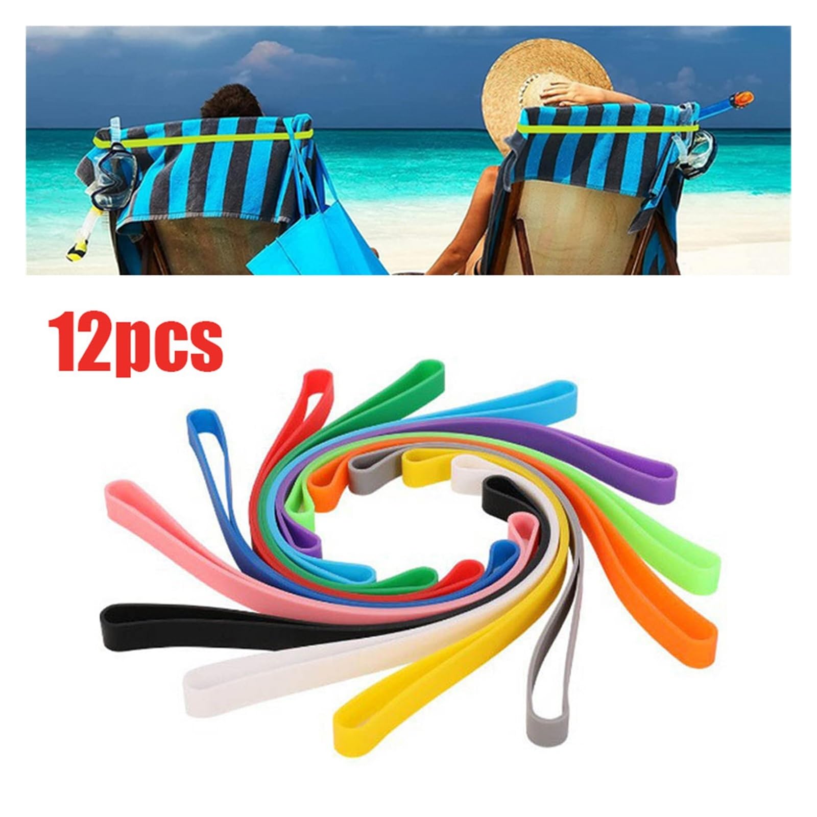 Banda elastica spessa, nastro elastico 12 pezzi di cinghia for asciugamano da spiaggia in silicone, clip for asciugamano ad alta elasticità(Blue)