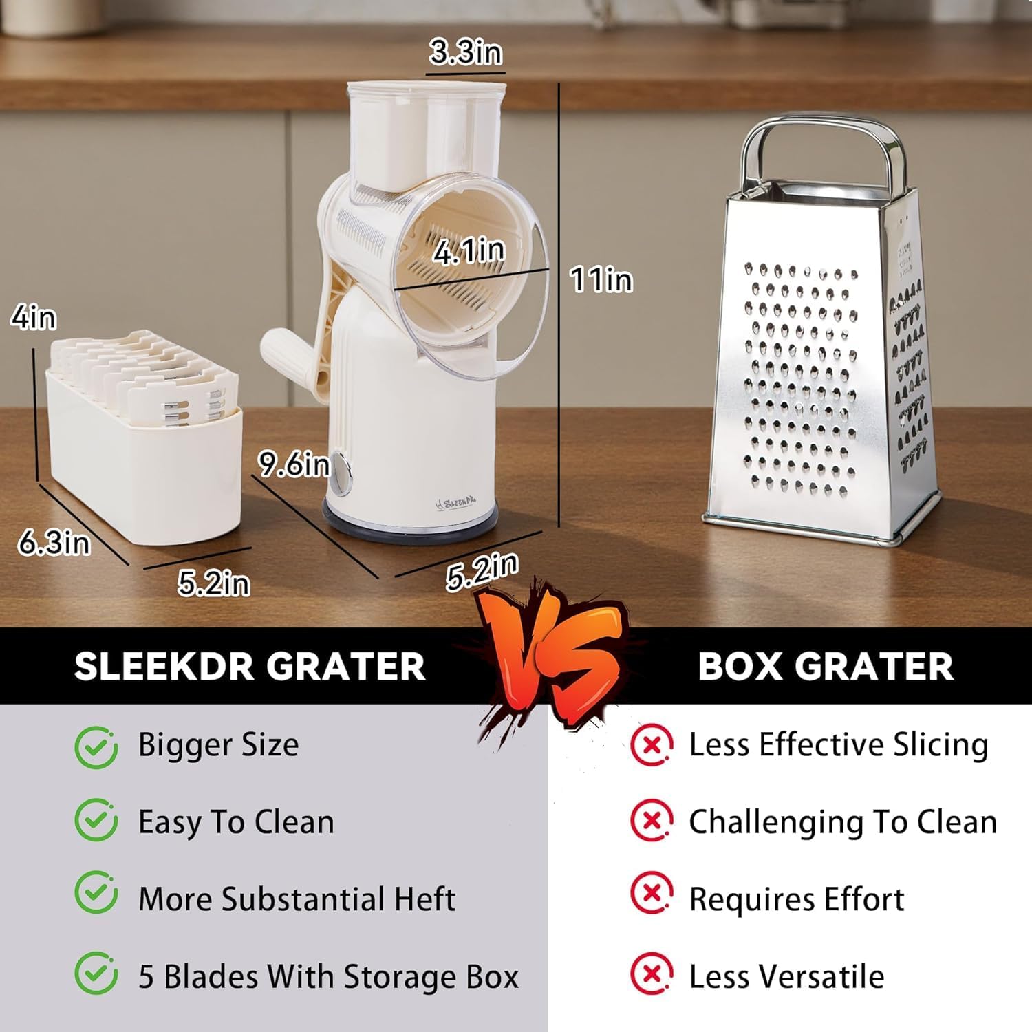 5-in-1 Rotary Cheese Grater Vegetable Slicer with Handle - Upgraded Hand Crank Cheese Grater with Handle and Strong Suction Base, Multi-Purpose Slicer with 5 Blades (White)