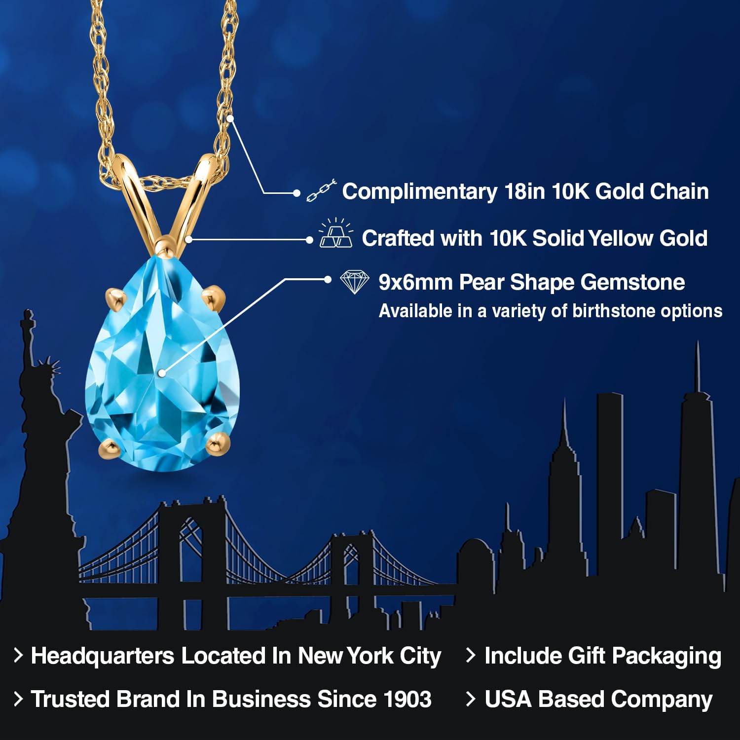 Gem Stone King 10K Yellow Gold Swiss Blue Topaz Pendant Necklace for Women | 1.57 Cttw | Gemstone November Birthstone | Pear Shape 9X6MM - Image 2