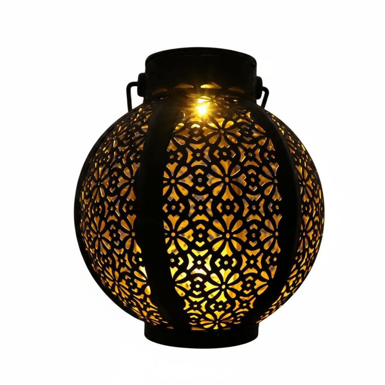 Wrought Iron Hanging Lantern Hollow Projection Lamp Solar Shadow Casting Light for Garden, Patio, Yard, Pathway, Black Round Lantern-image-1