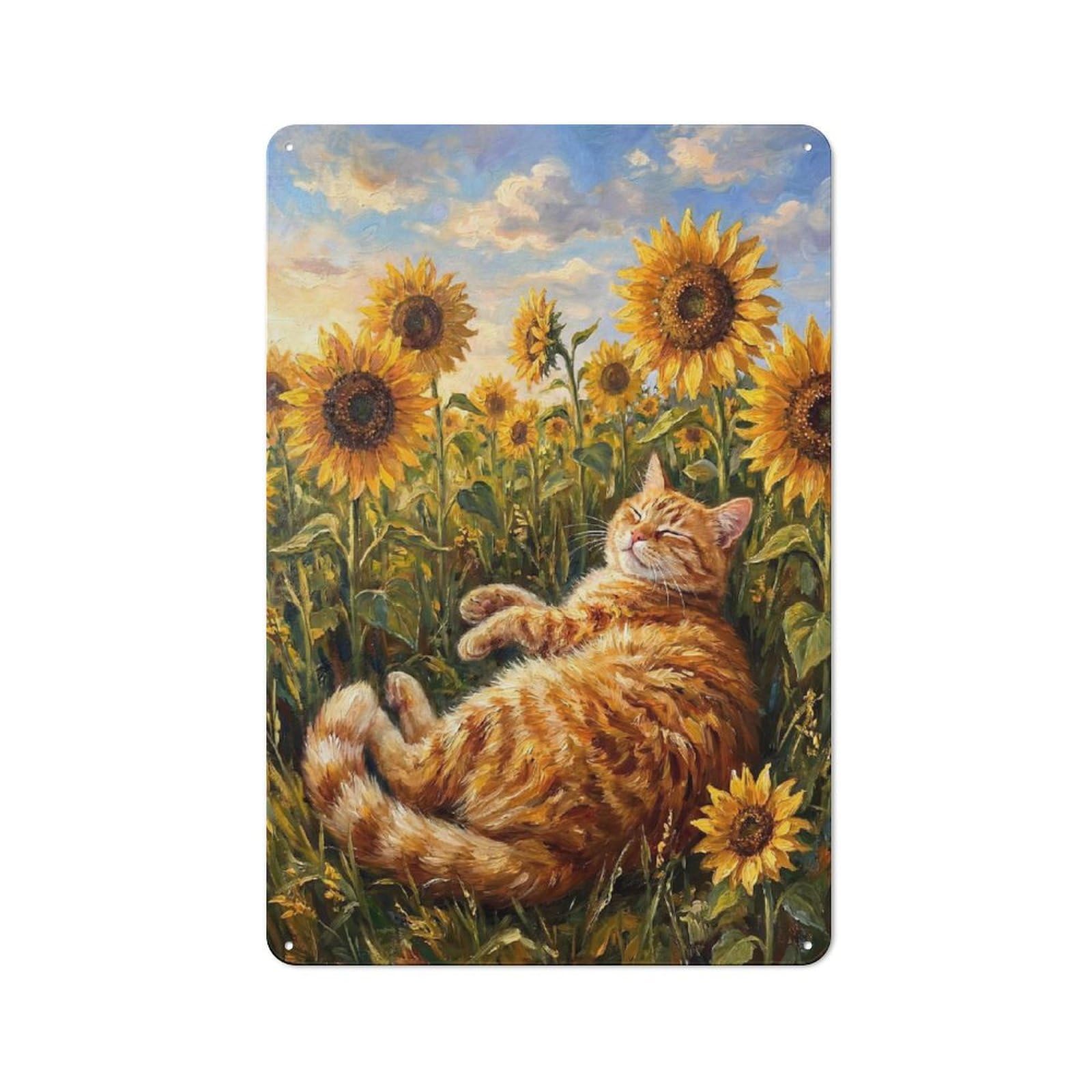 Junmoney Style-2 Garage Style Metal Wall Sign 30X20cm Featuring Ginger Cat Sleeping In Sunflower Field, Garage Wall Decor For Garage, Hobby Room, Office Or Man Cave