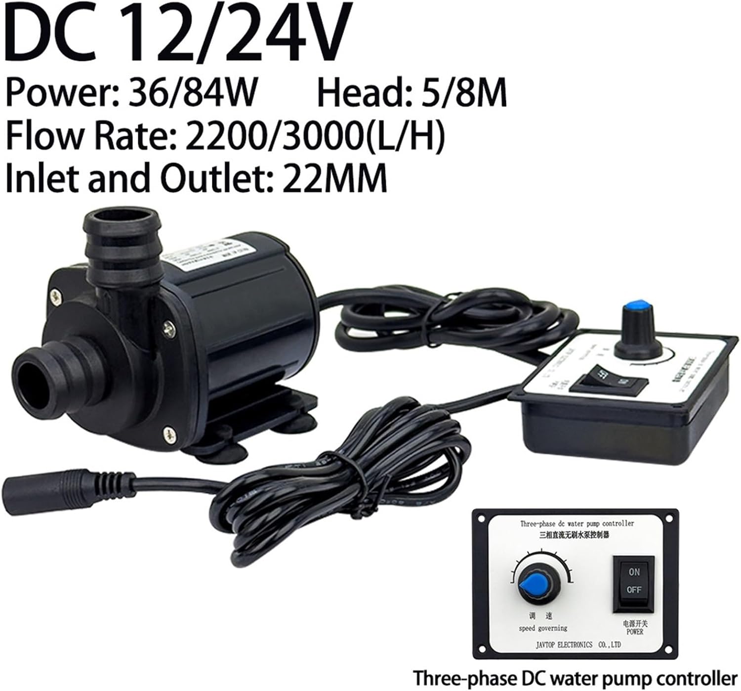 High Pressure Pump with Governor Ceramic Pump 3000L/H 8M Head, DC 12V 24V Submersible Brushless Pump with EU Adapter(DC12V Pump)