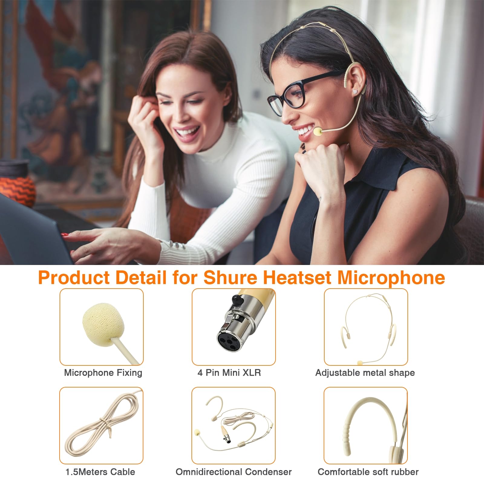Headset-Mikrofon mit zwei Ohrhörern, zum Aufhängen, Mini-XLR, 4-poliger TA4F-Stecker für Shure, Silikon-Ohrbügel, 1,5 m Kabel, geeignet für Bühne, Vorträge, Live-Auftritte, Theater, 5 Stück