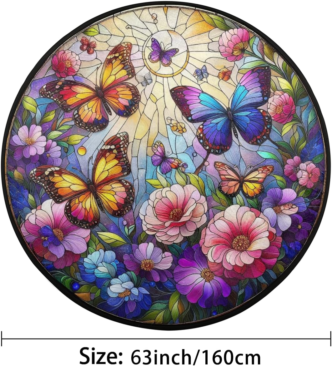 Round Rug 5ft Butterfly Glass Flower Indoor Circle Area Circle Rugs Washable Non-Slip Bedside Indoor Doormat for Living Room Bedroom Playroom Nursery Room Decor Carpet Mat Splat Mat for High Chair
