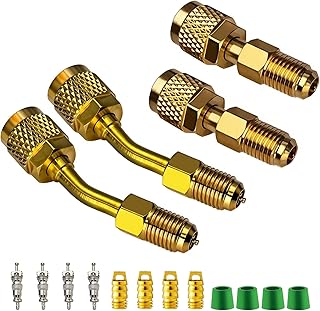 R410a Adapter for Mini Split System, 5/16 inches SAE Female to 1/4 inches SAE Male Flare for Air Conditioners HVAC and Refrigeration Service, 2 Straight +2 Angled Adapters,4 Hose Gaskets,4 Valve Cores