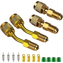 R410a Adapter for Mini Split System, 5/16 inches SAE Female to 1/4 inches SAE Male Flare for Air Conditioners HVAC and Refrigeration Service, 2 Straight +2 Angled Adapters,4 Hose Gaskets,4 Valve Cores
