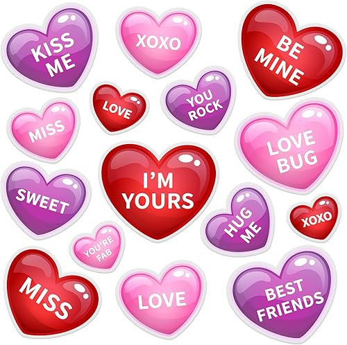 Whaline 30 calcomanías de gel gruesas para el día de San Valentín color rojo rosa morado conversación corazón reutilizables coloridas para ventana