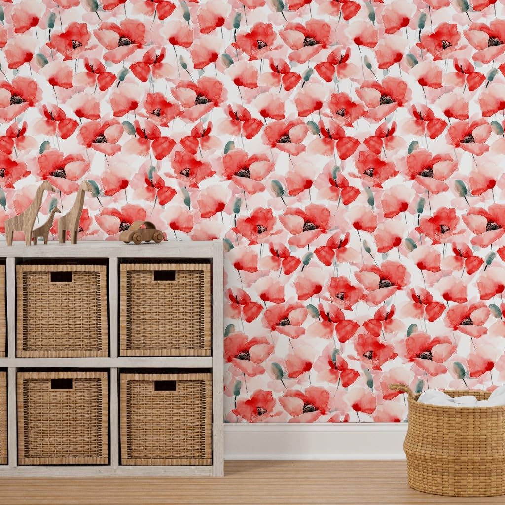 Peel & Stick Wallpaper 12ft x 2ft - Watercolor Floral Red Poppies Botanical Garden Vintage Flowers Poppy White Field Pattern Nature Custom Removable Wallpaper by Spoonflower